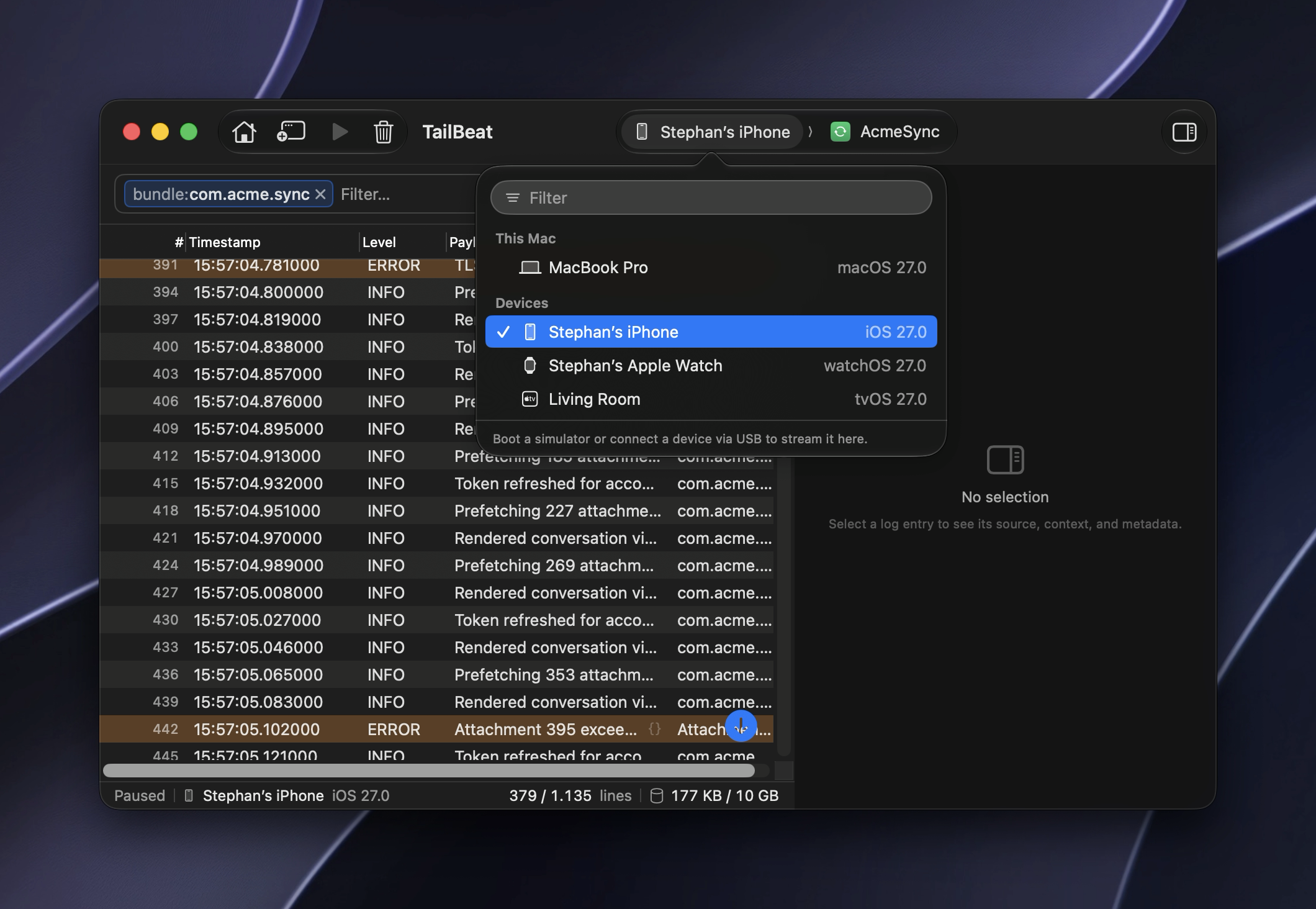 Connected sources: device tabs, live rows