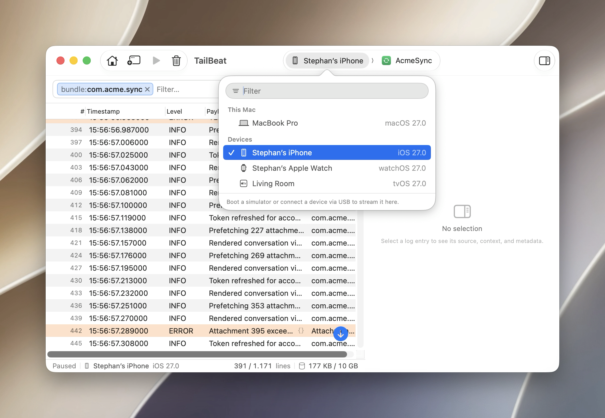 Connected sources: device tabs, live rows