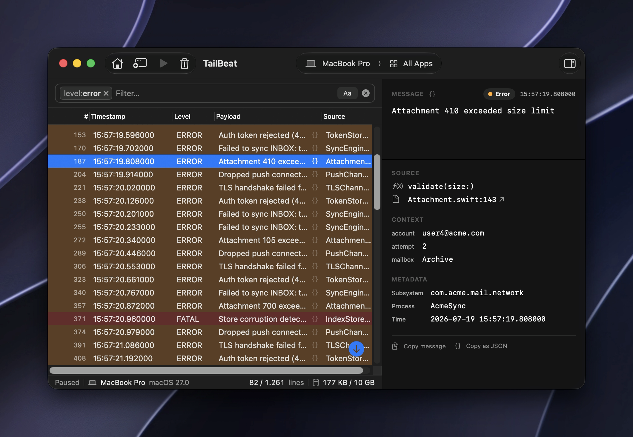 Inspector: message, file, line, function, Open in Xcode