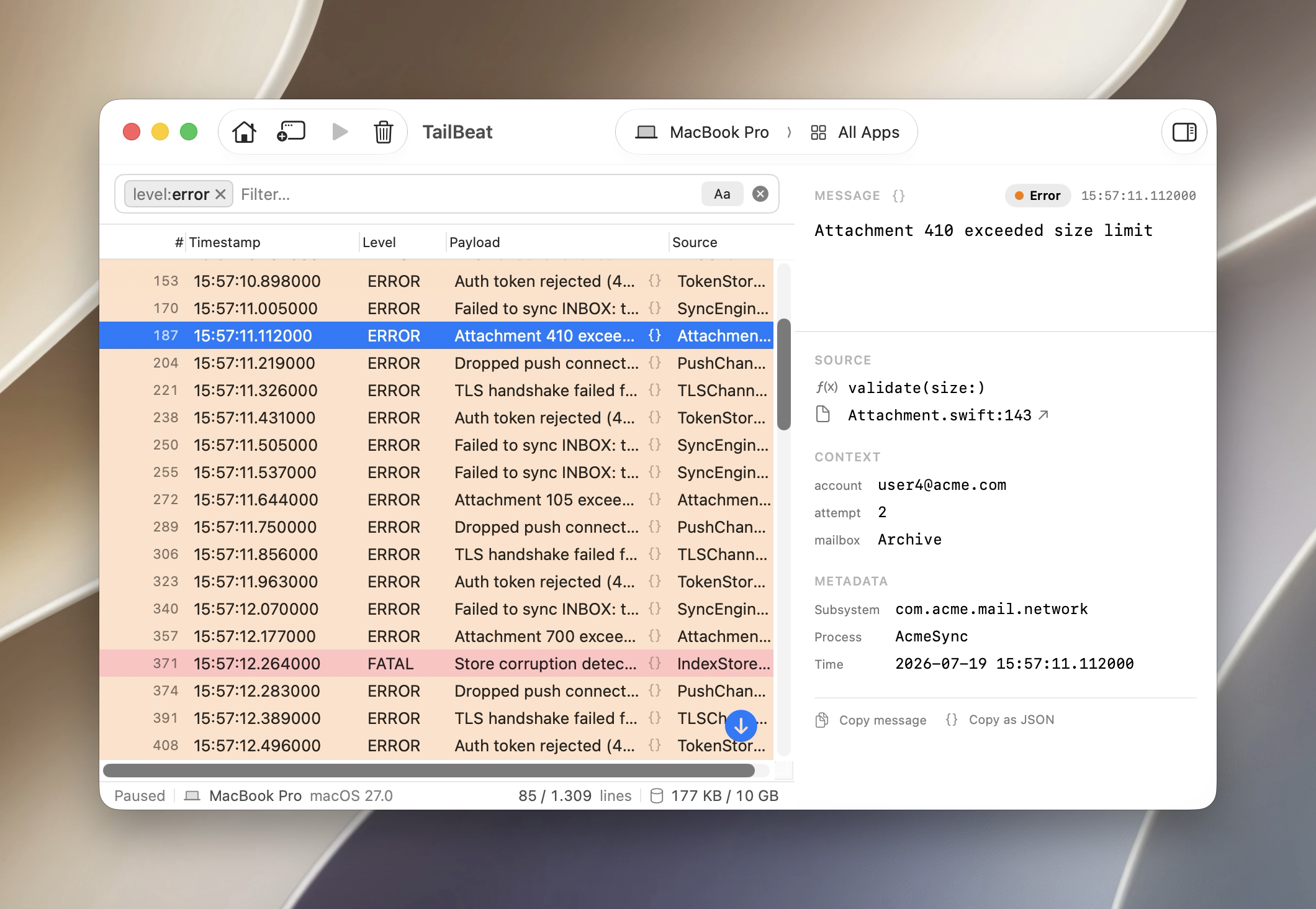 Inspector: message, file, line, function, Open in Xcode